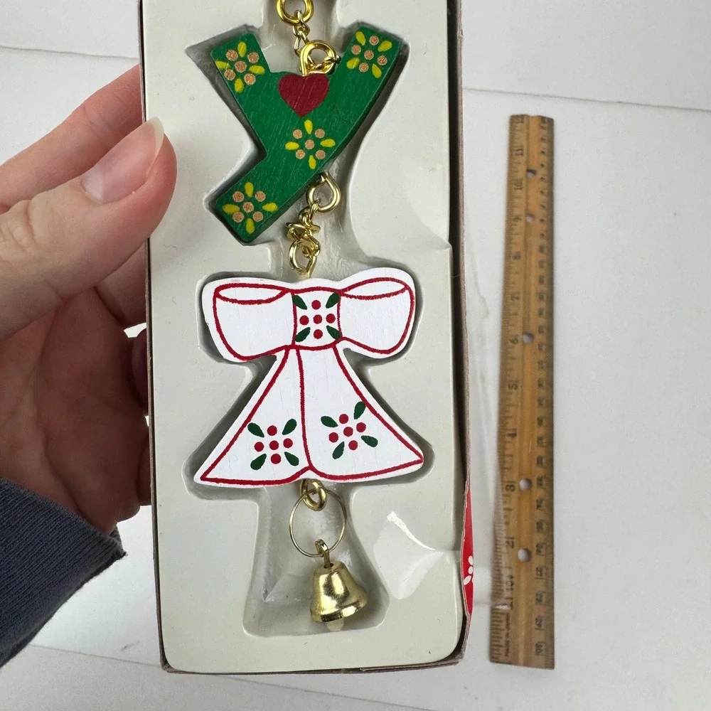 Vtg Christmas Expressions Joy Wood Hanging Ornament‎ w Gold Accents Bell Snowman